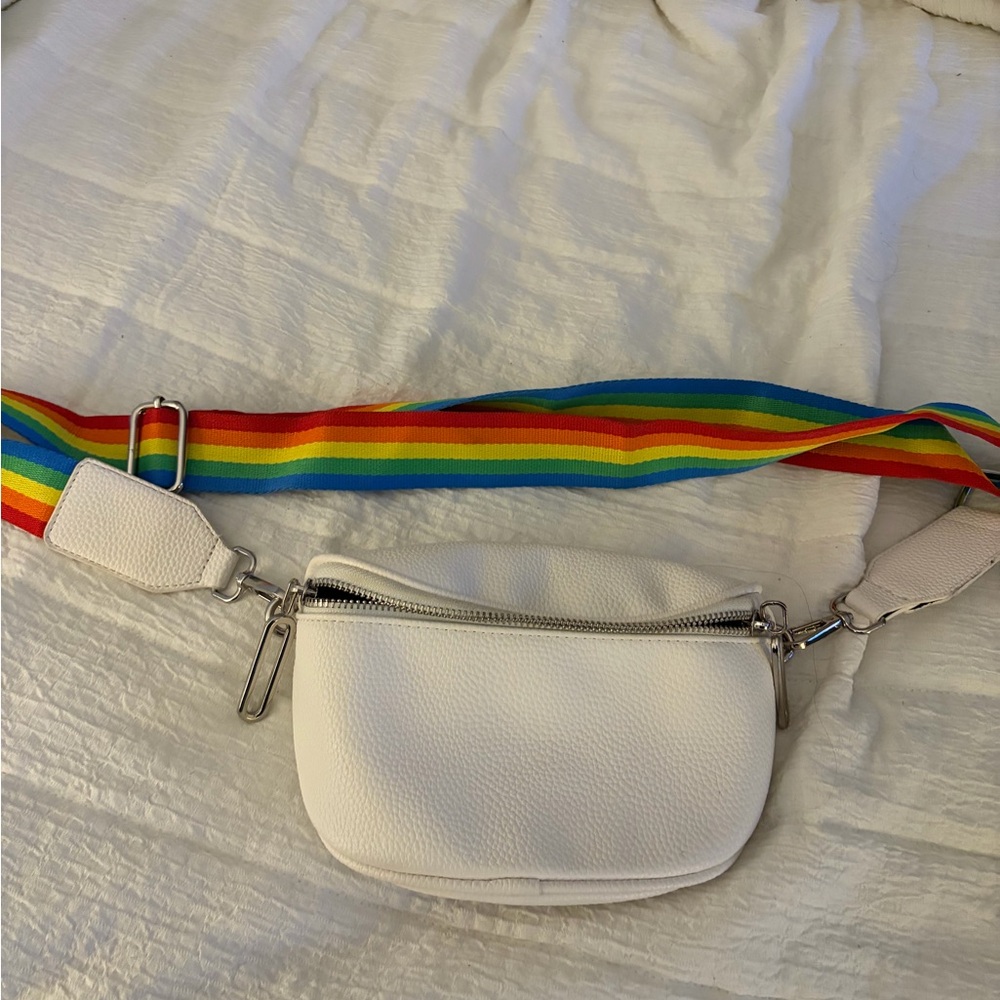 White Crossbody Bag with Rainbow Strap